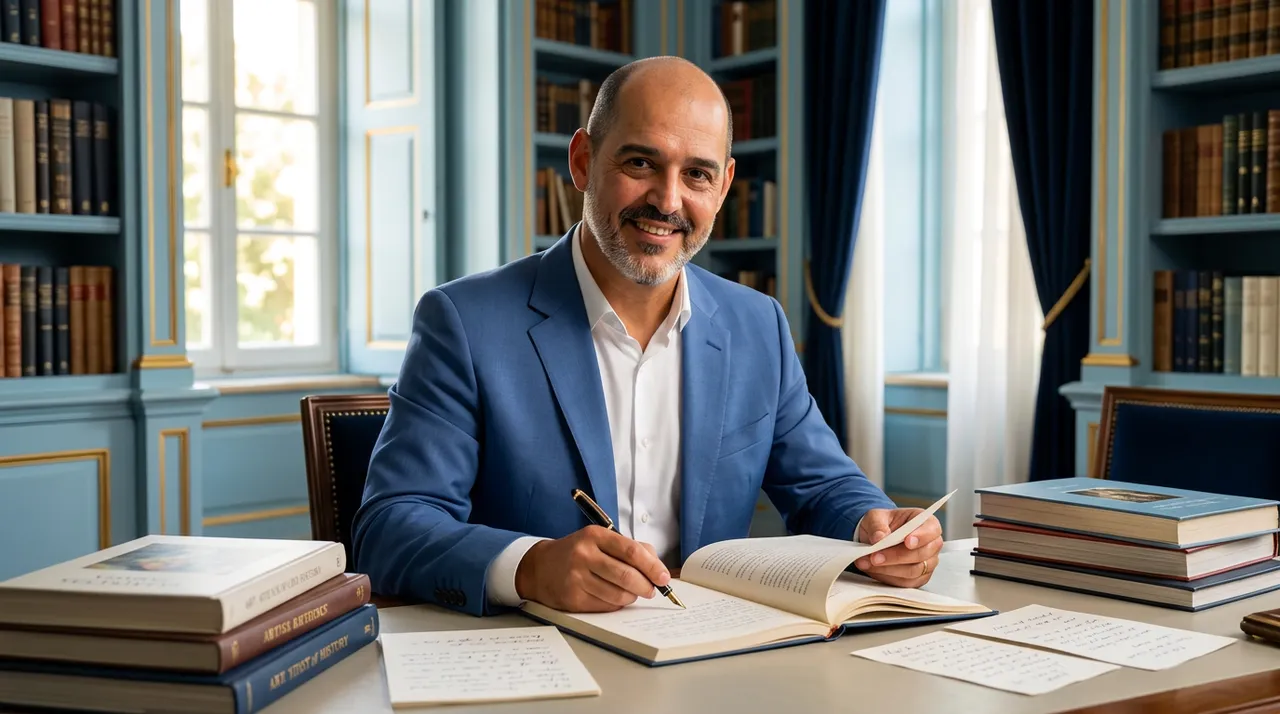 Carlos Mota escrevendo em uma mesa de biblioteca, cercado por livros